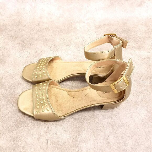 Cushion Walk by Avon Womens Size 6 Gold Ankle Strap Studded Low Block Heels - Picture 4 of 10